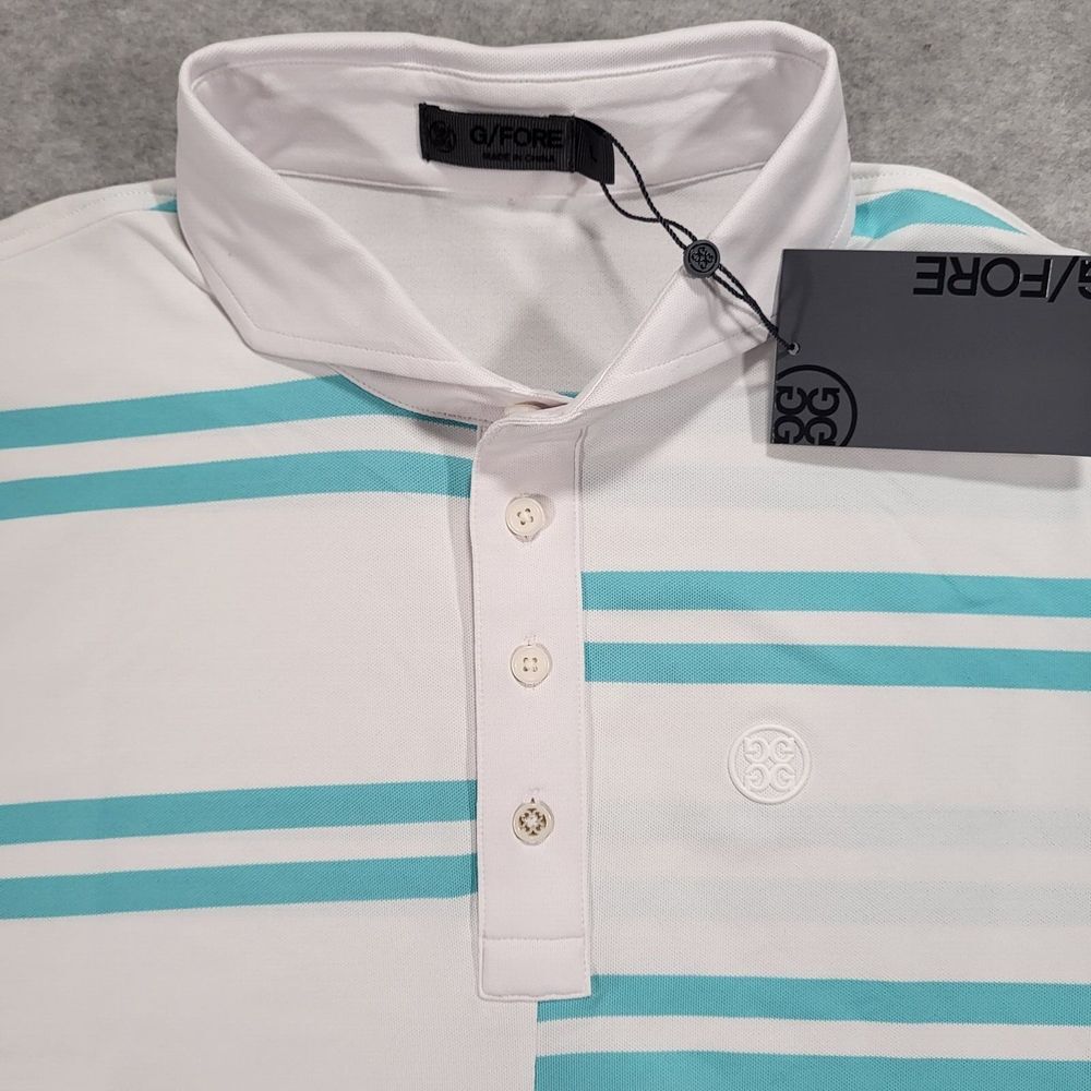 G/Fore Mens Large White Offset‎ Teal Blue Stripes Short Sleeve Golf Polo
